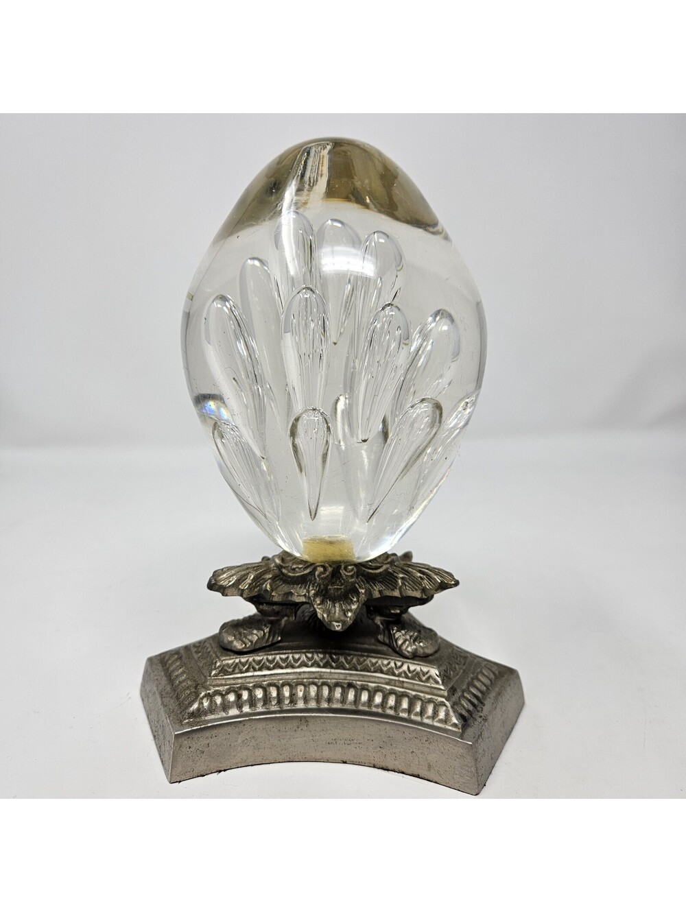 Vintage Pier 1 Clear Glass Egg w/ Tear Drop Bubbles Footed Metal Base Decor 7.5"